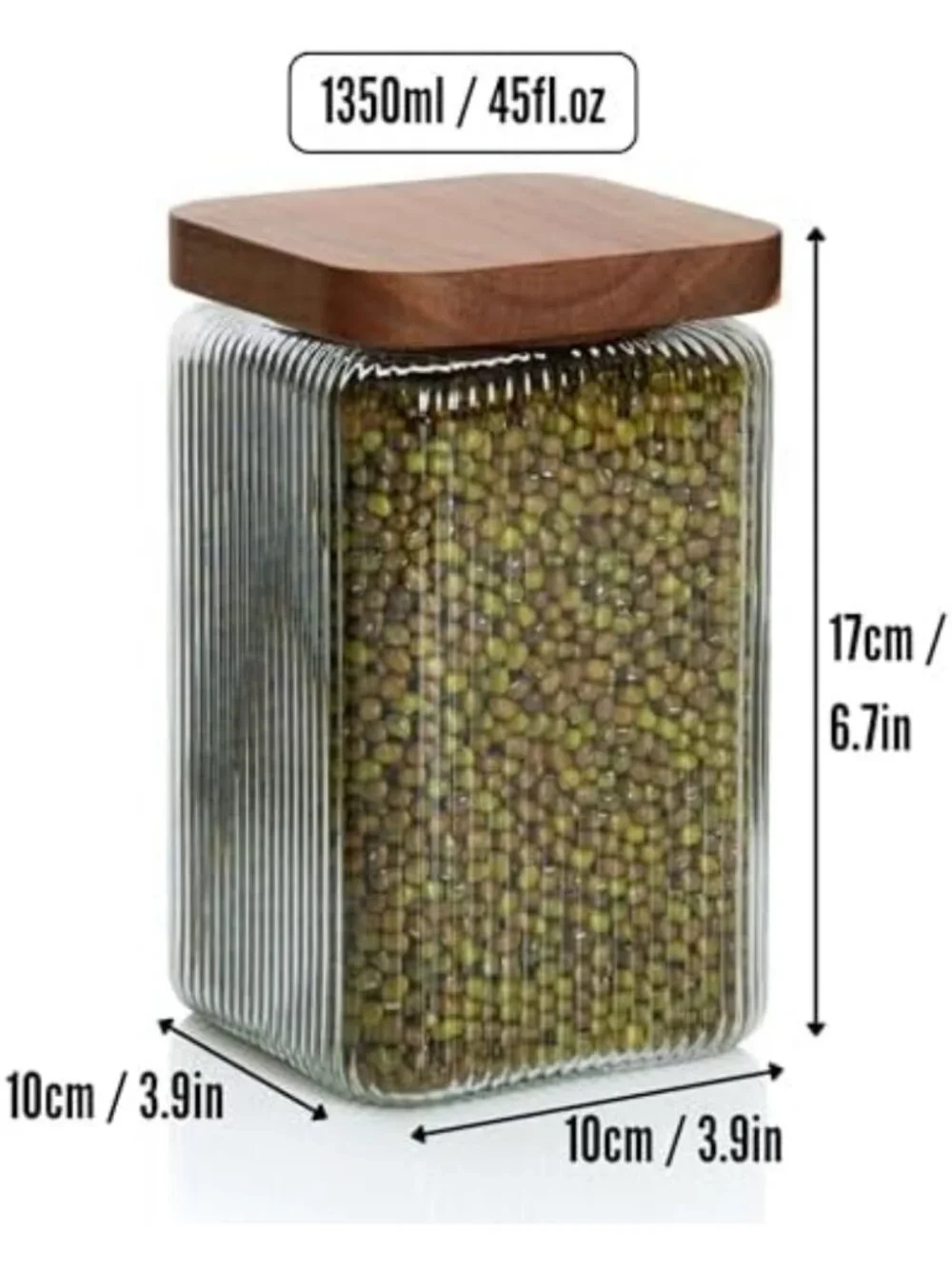 Ribbed Glass Square Jars with Wooden Lids - Set of 3 Airtight Storage Canisters